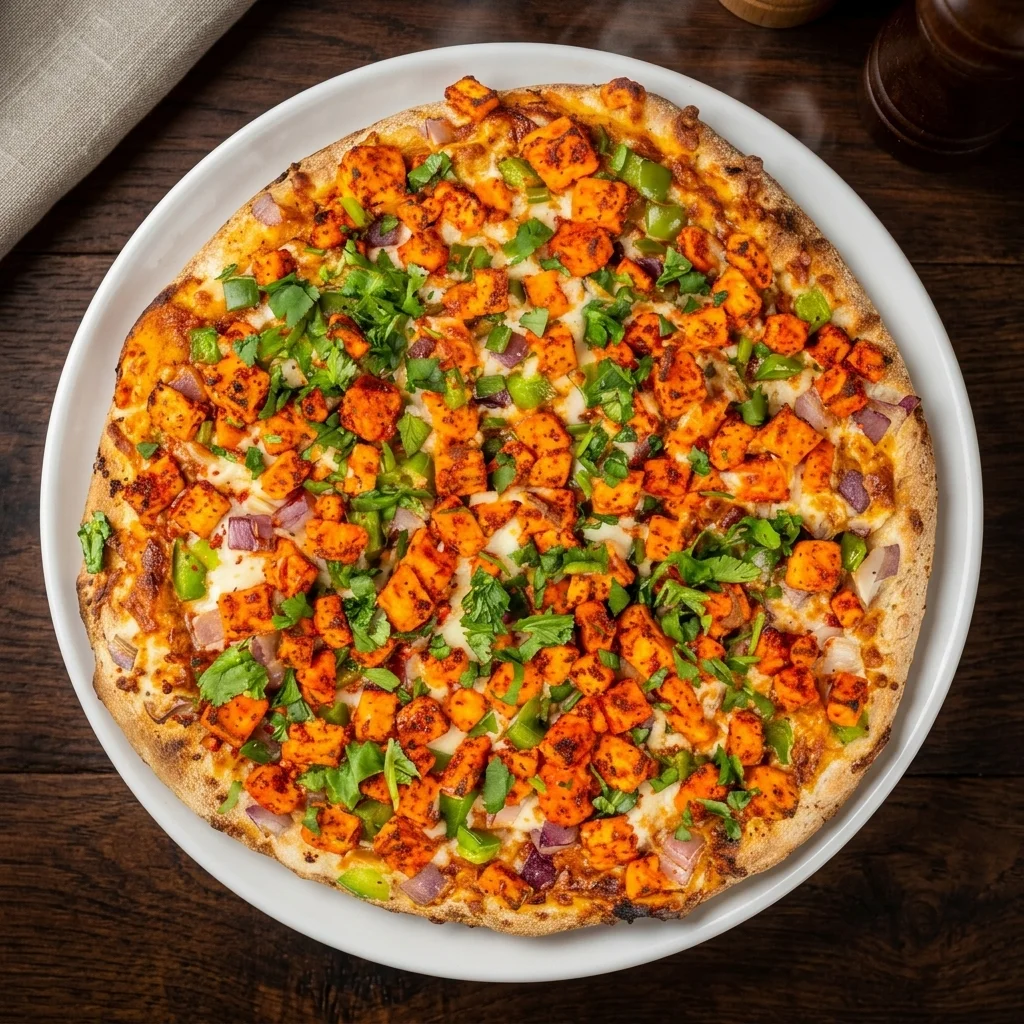 Tandoori Paneer Pizza at Pizza Fiamma in Winnipeg - Smoky tandoori paneer with rich tangy sauce on fresh daily-made dough
