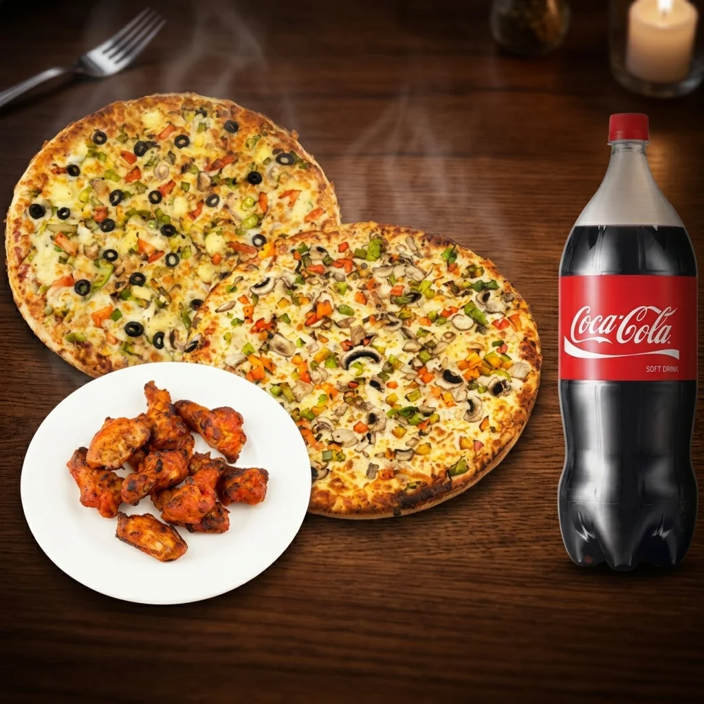 Family Combo Deal at Pizza Fiamma Winnipeg - two pizzas, wings, garlic bread, wedges and pop